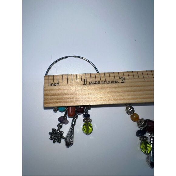 Boho Silver Tone Charm and Stone Dangle Charm Hoop Earrings - Picture 7 of 8